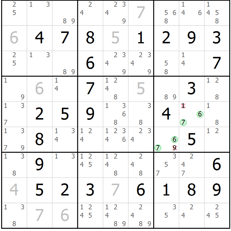 Position des candidats pour la solution de la Gr 44 page 47 du magazine de sudoku Virtuose n° 122