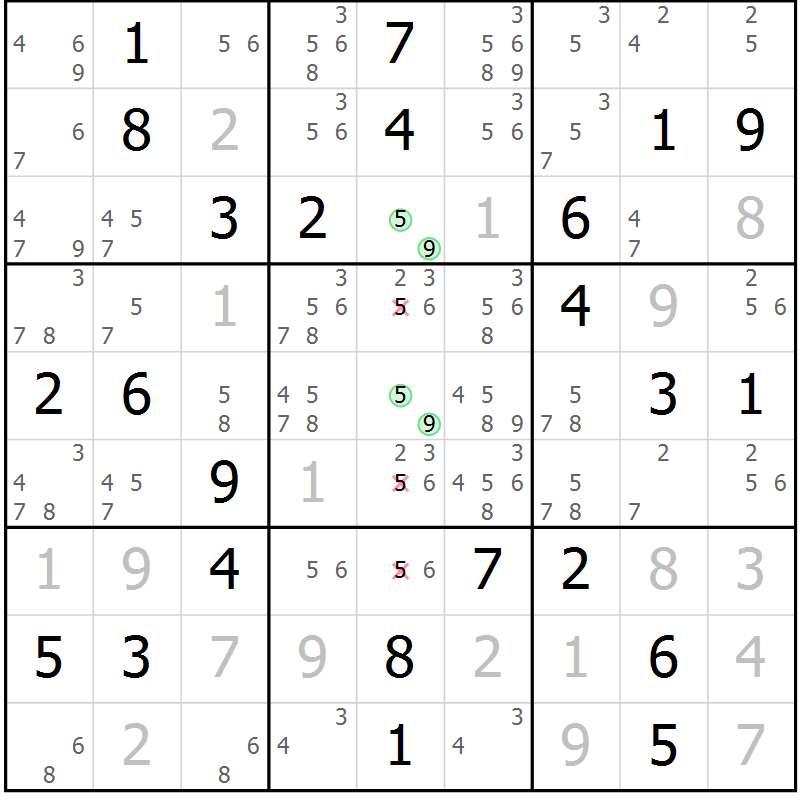 Position des candidats pour la solution de la Gr 45 page 48 du magazine de sudoku Virtuose n° 122