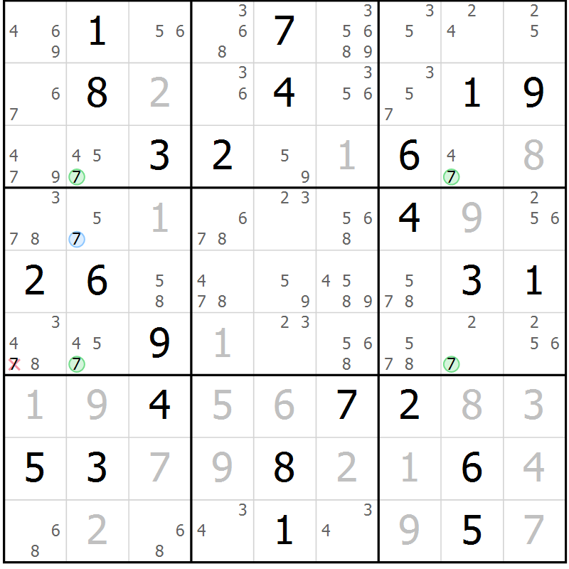 Position des candidats pour la solution de la Gr 45 page 48 du magazine de sudoku Virtuose n° 122