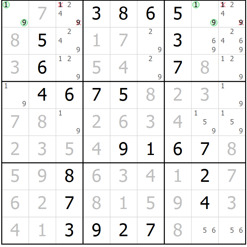 Position des candidats pour la solution de la Gr 46 page 49 du magazine de sudoku Virtuose n° 122