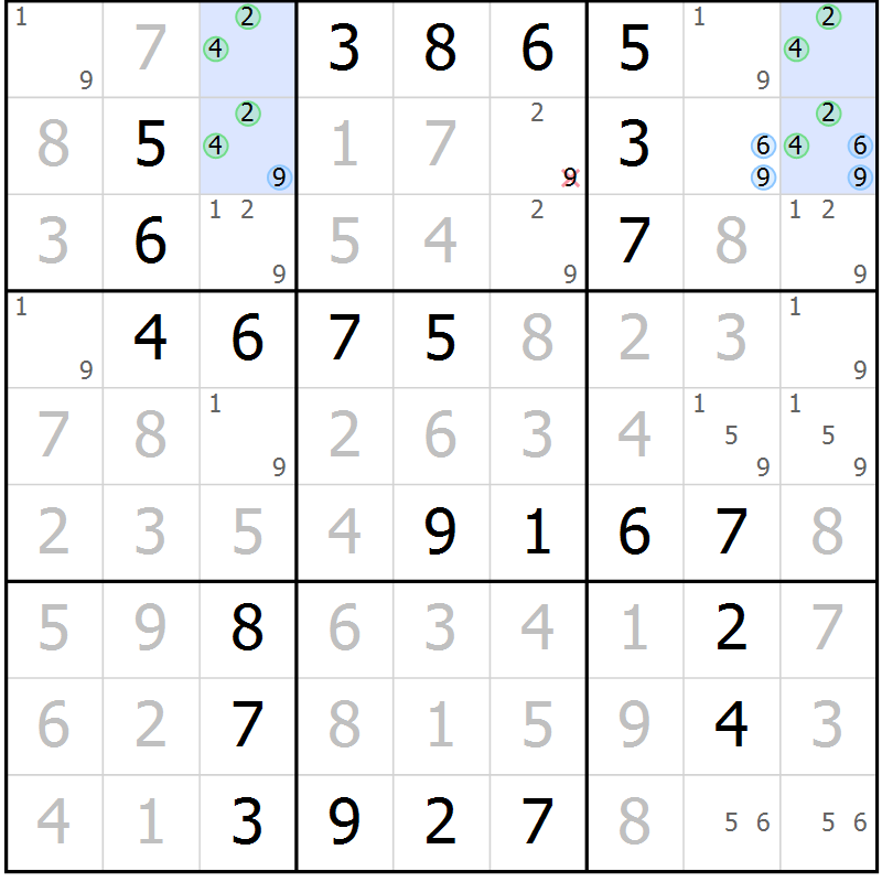 Position des candidats pour la solution de la Gr 46 page 49 du magazine de sudoku Virtuose n° 122