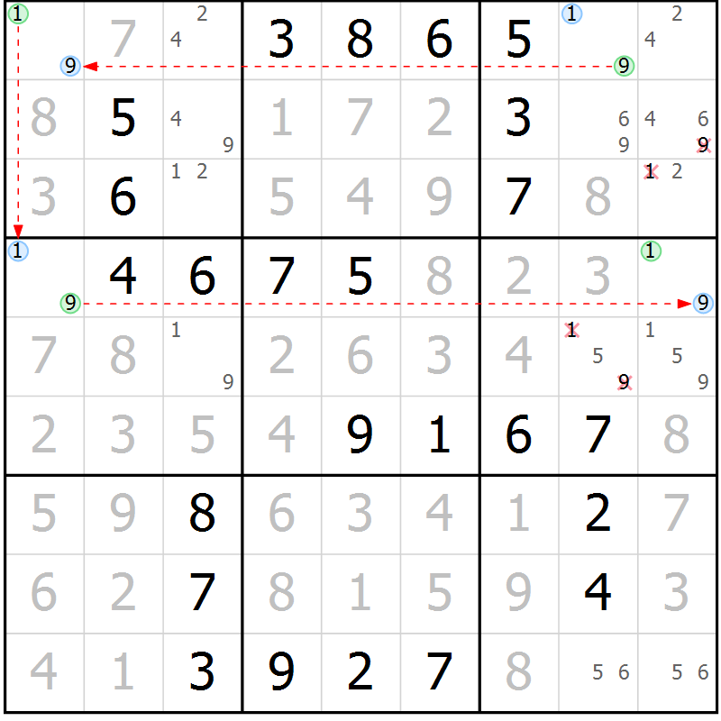 Position des candidats pour la solution de la Gr 46 page 49 du magazine de sudoku Virtuose n° 122
