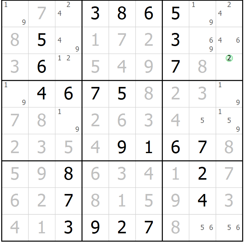 Position des candidats pour la solution de la Gr 46 page 49 du magazine de sudoku Virtuose n° 122