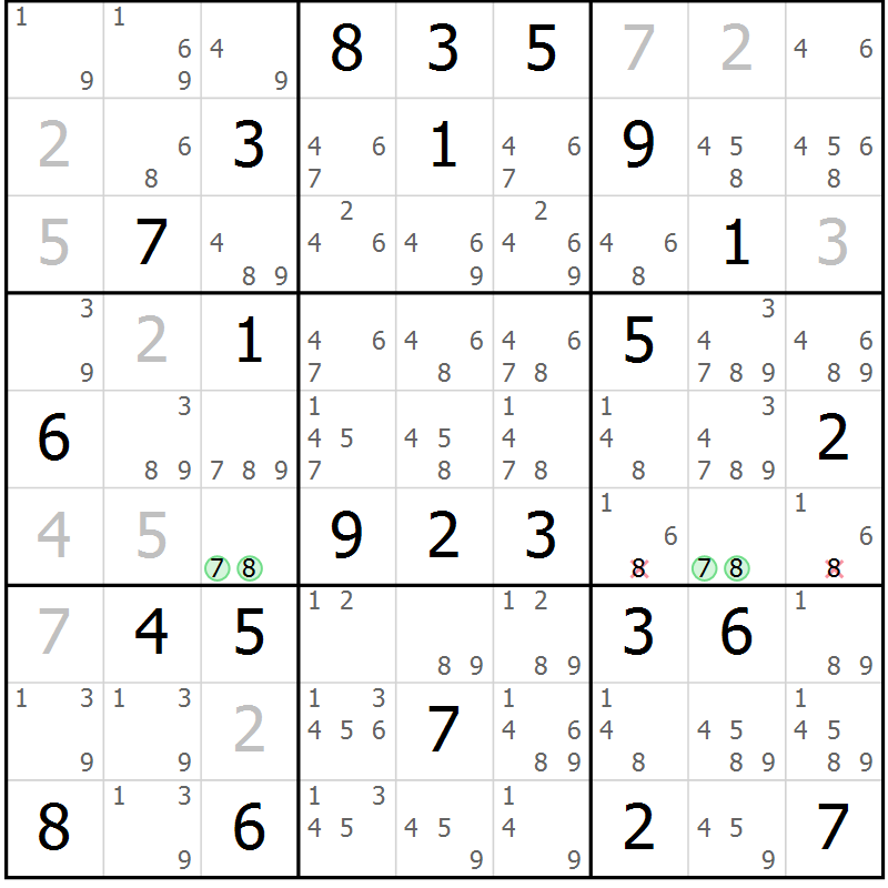 Position des candidats pour la solution de la Gr 47 page 50 du magazine de sudoku Virtuose n° 122