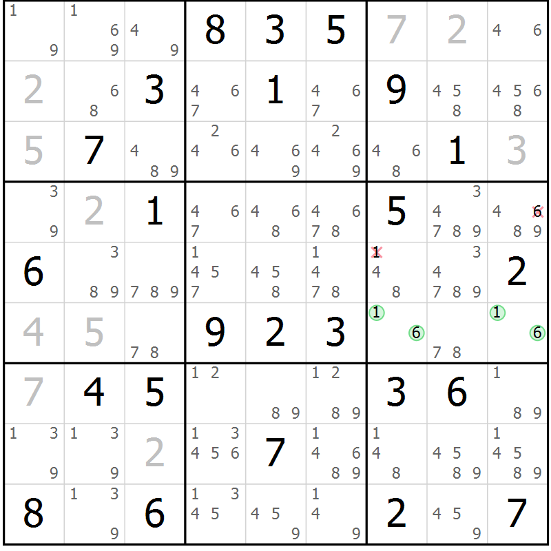 Position des candidats pour la solution de la Gr 47 page 50 du magazine de sudoku Virtuose n° 122