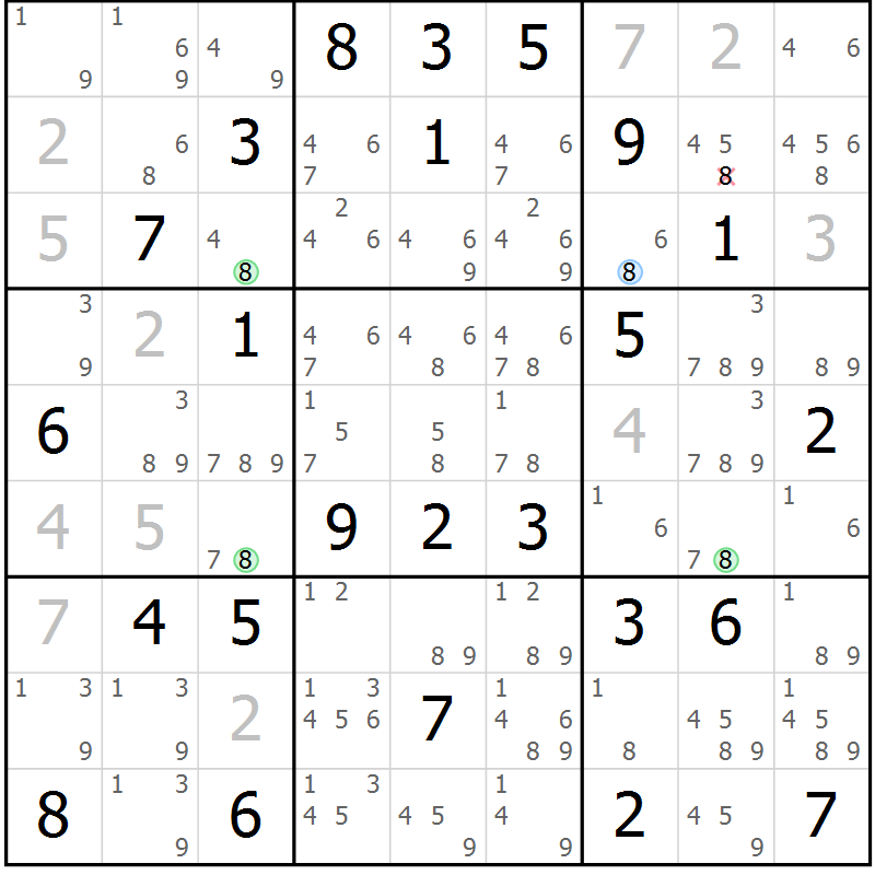 Position des candidats pour la solution de la Gr 47 page 50 du magazine de sudoku Virtuose n° 122