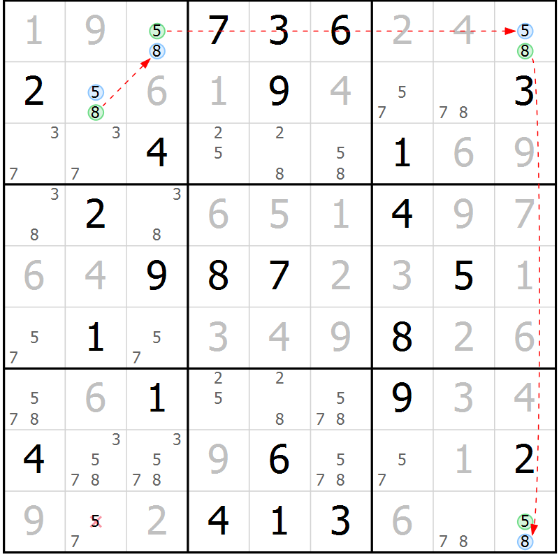 Position des candidats pour la solution de la Gr 48 page 51 du magazine de sudoku Virtuose n° 122