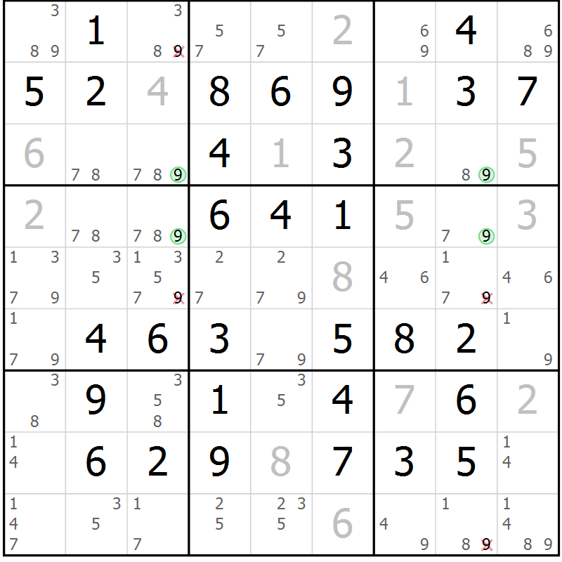 Position des candidats pour la solution de la Gr 49 page 52 du magazine de sudoku Virtuose n° 122