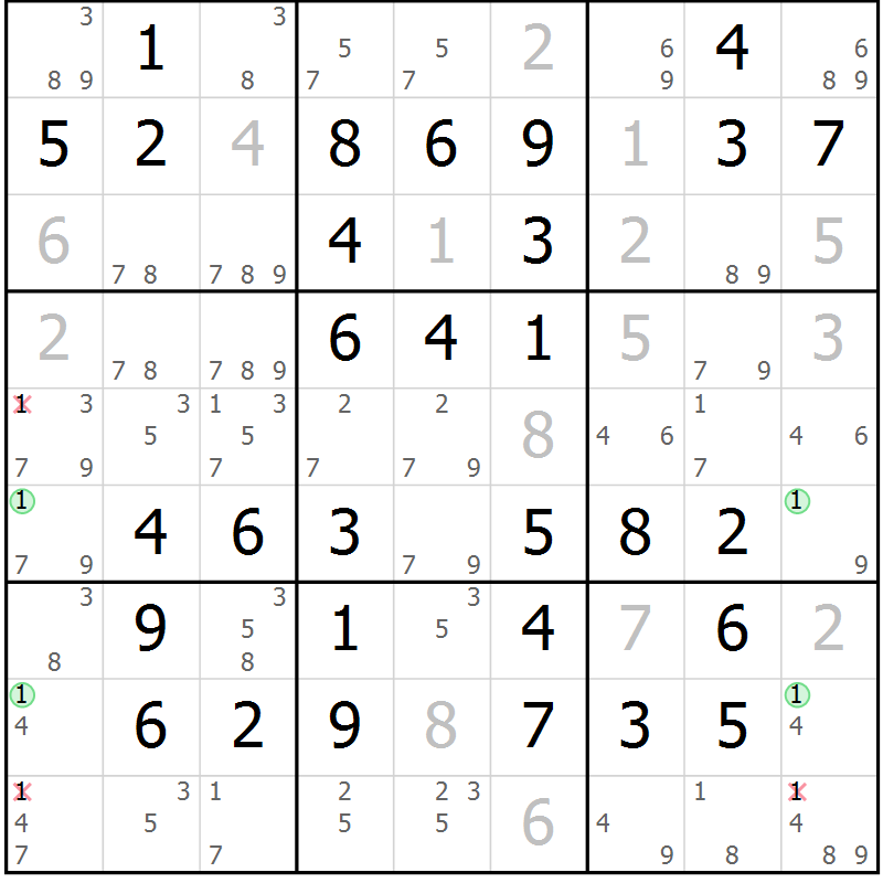 Position des candidats pour la solution de la Gr 49 page 52 du magazine de sudoku Virtuose n° 122