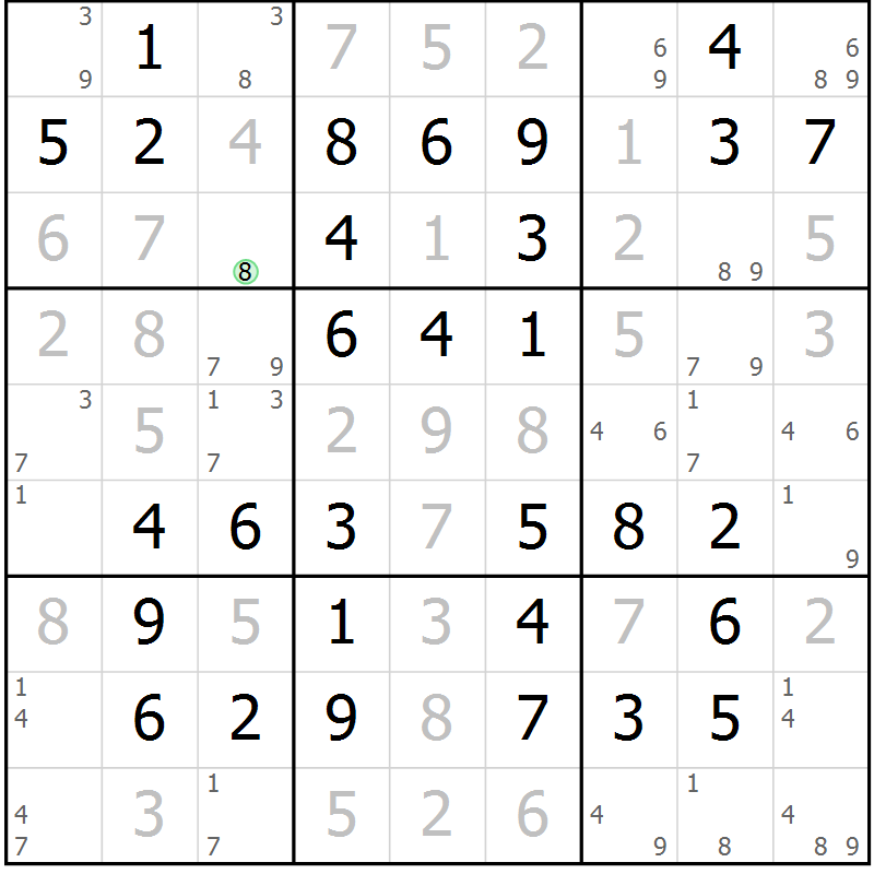 Position des candidats pour la solution de la Gr 49 page 52 du magazine de sudoku Virtuose n° 122