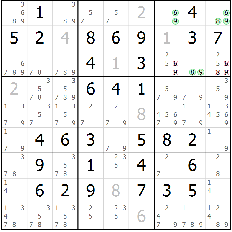 Position des candidats pour la solution de la Gr 49 page 52 du magazine de sudoku Virtuose n° 122