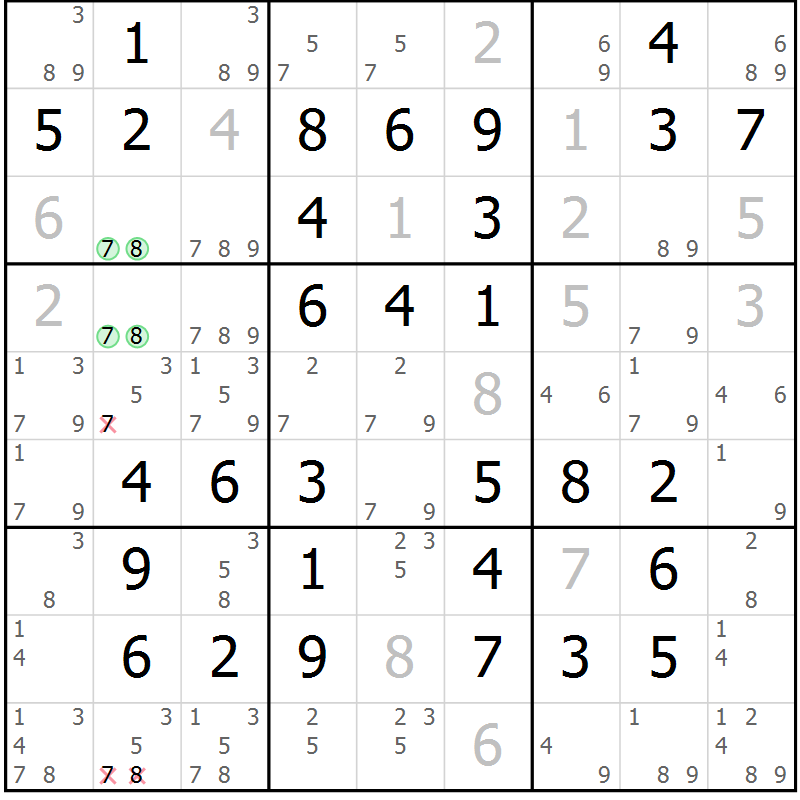 Position des candidats pour la solution de la Gr 49 page 52 du magazine de sudoku Virtuose n° 122