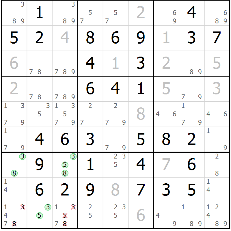 Position des candidats pour la solution de la Gr 49 page 52 du magazine de sudoku Virtuose n° 122