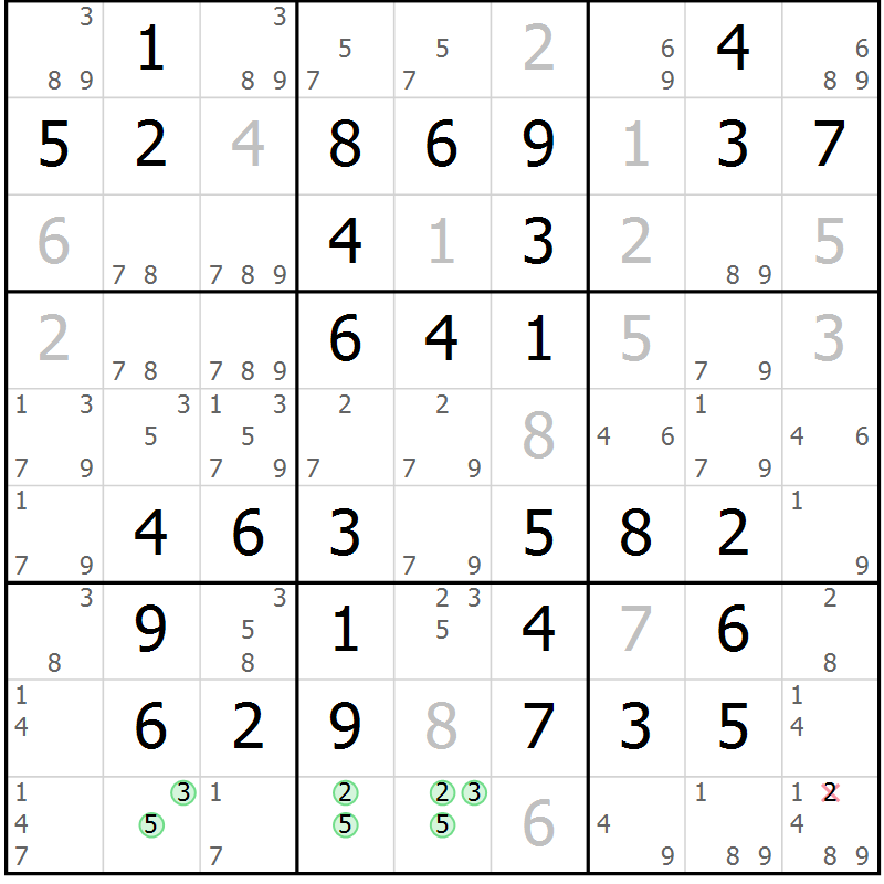 Position des candidats pour la solution de la Gr 49 page 52 du magazine de sudoku Virtuose n° 122