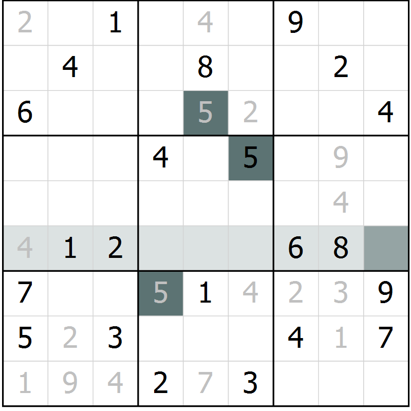 Position des candidats pour la solution de la Gr 5 page 8 du magazine de sudoku Virtuose n° 122