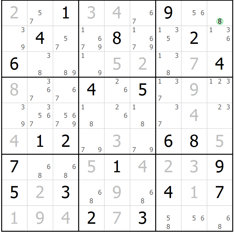 Position des candidats pour la solution de la Gr 5 page 8 du magazine de sudoku Virtuose n° 122