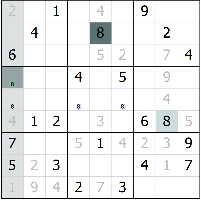 Position des candidats pour la solution de la Gr 5 page 8 du magazine de sudoku Virtuose n° 122