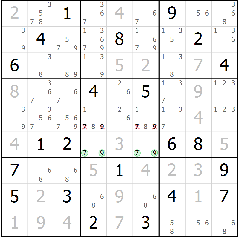 Position des candidats pour la solution de la Gr 5 page 8 du magazine de sudoku Virtuose n° 122