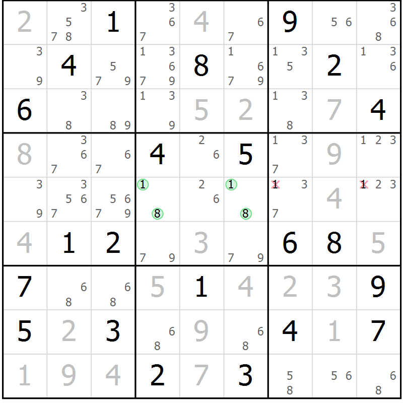 Position des candidats pour la solution de la Gr 5 page 8 du magazine de sudoku Virtuose n° 122