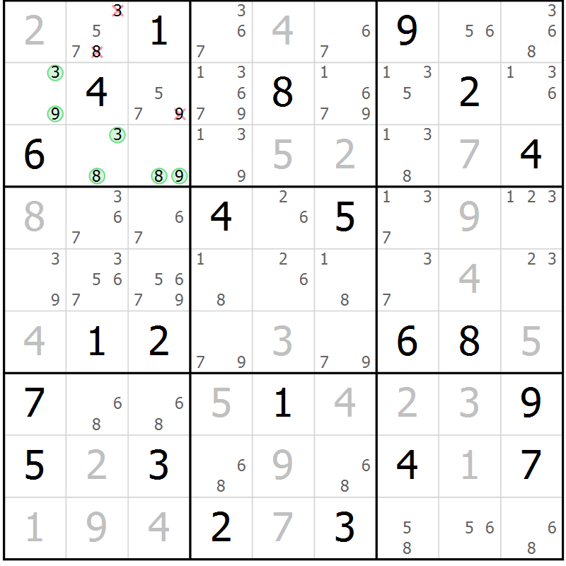 Position des candidats pour la solution de la Gr 5 page 8 du magazine de sudoku Virtuose n° 122