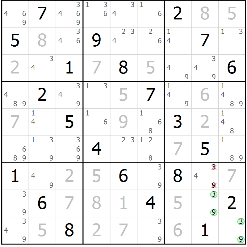 Position des candidats pour la solution de la Gr 50 page 53 du magazine de sudoku Virtuose n° 122