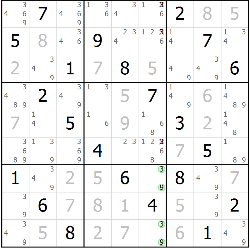 Position des candidats pour la solution de la Gr 50 page 53 du magazine de sudoku Virtuose n° 122