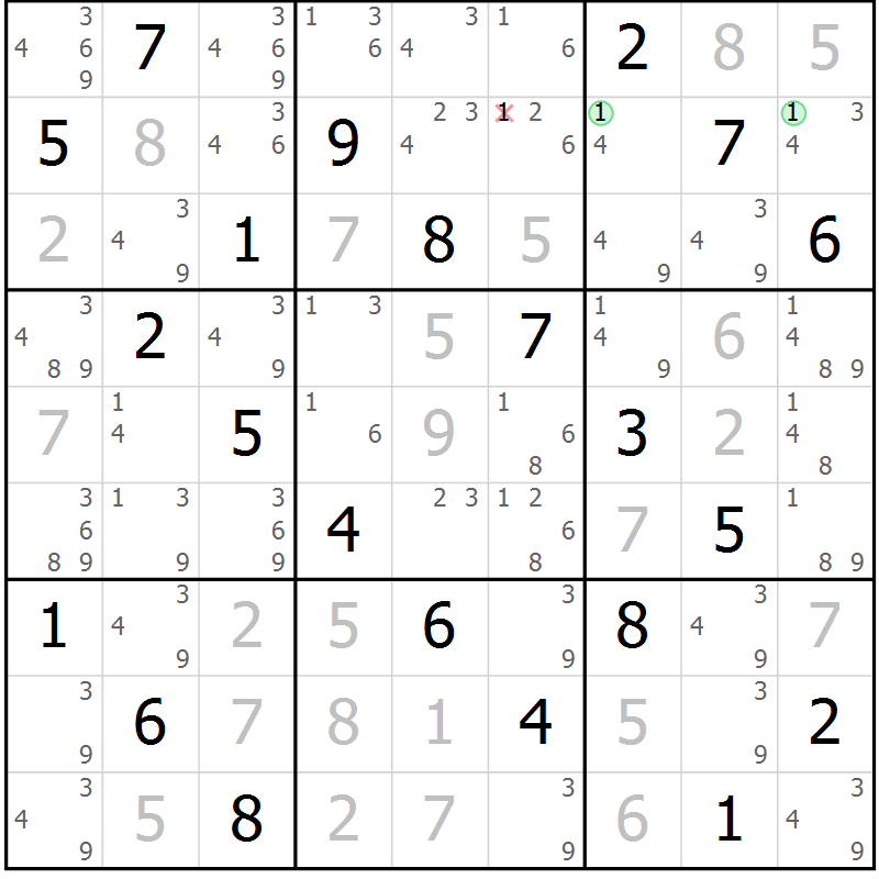 Position des candidats pour la solution de la Gr 50 page 53 du magazine de sudoku Virtuose n° 122