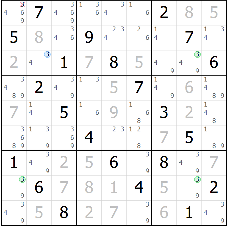 Position des candidats pour la solution de la Gr 50 page 53 du magazine de sudoku Virtuose n° 122