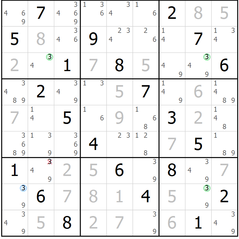 Position des candidats pour la solution de la Gr 50 page 53 du magazine de sudoku Virtuose n° 122