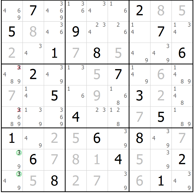 Position des candidats pour la solution de la Gr 50 page 53 du magazine de sudoku Virtuose n° 122