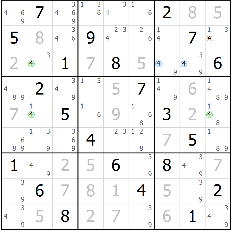 Position des candidats pour la solution de la Gr 50 page 53 du magazine de sudoku Virtuose n° 122