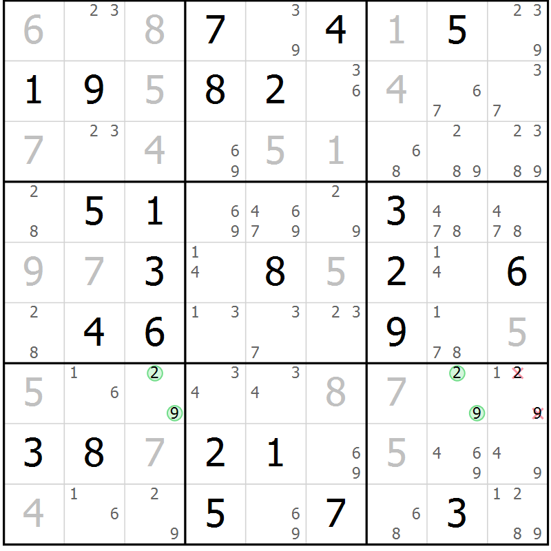 Position des candidats pour la solution de la Gr 51 page 54 du magazine de sudoku Virtuose n° 122