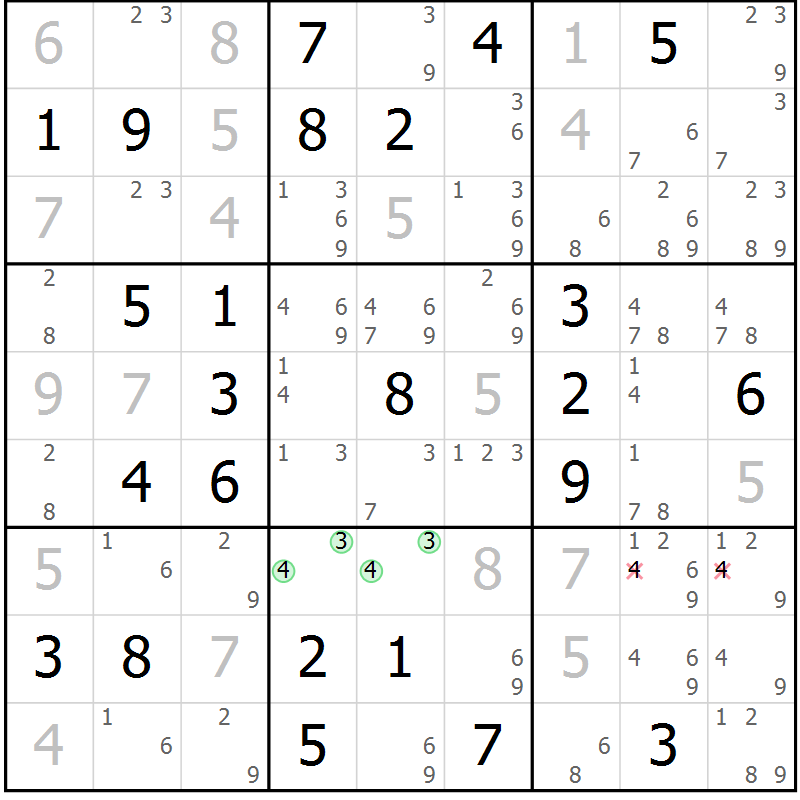 Position des candidats pour la solution de la Gr 51 page 54 du magazine de sudoku Virtuose n° 122