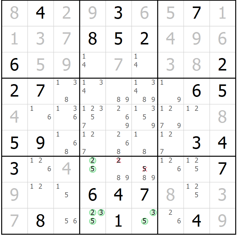 Position des candidats pour la solution de la Gr 52 page 55 du magazine de sudoku Virtuose n° 122