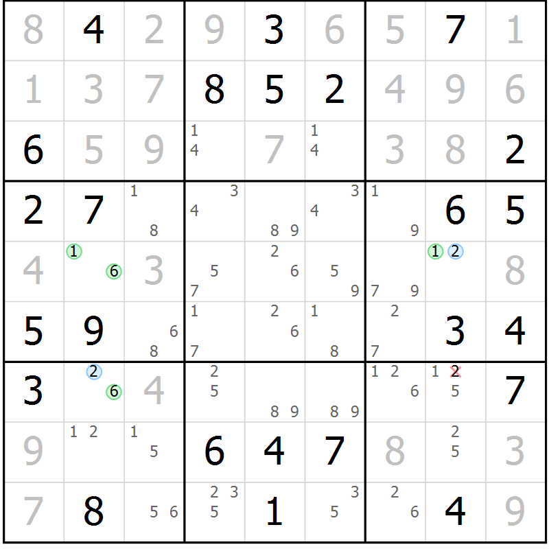 Position des candidats pour la solution de la Gr 52 page 55 du magazine de sudoku Virtuose n° 122