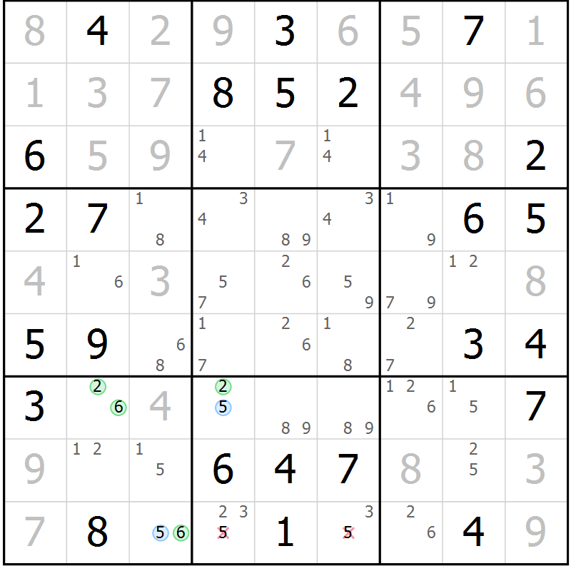 Position des candidats pour la solution de la Gr 52 page 55 du magazine de sudoku Virtuose n° 122