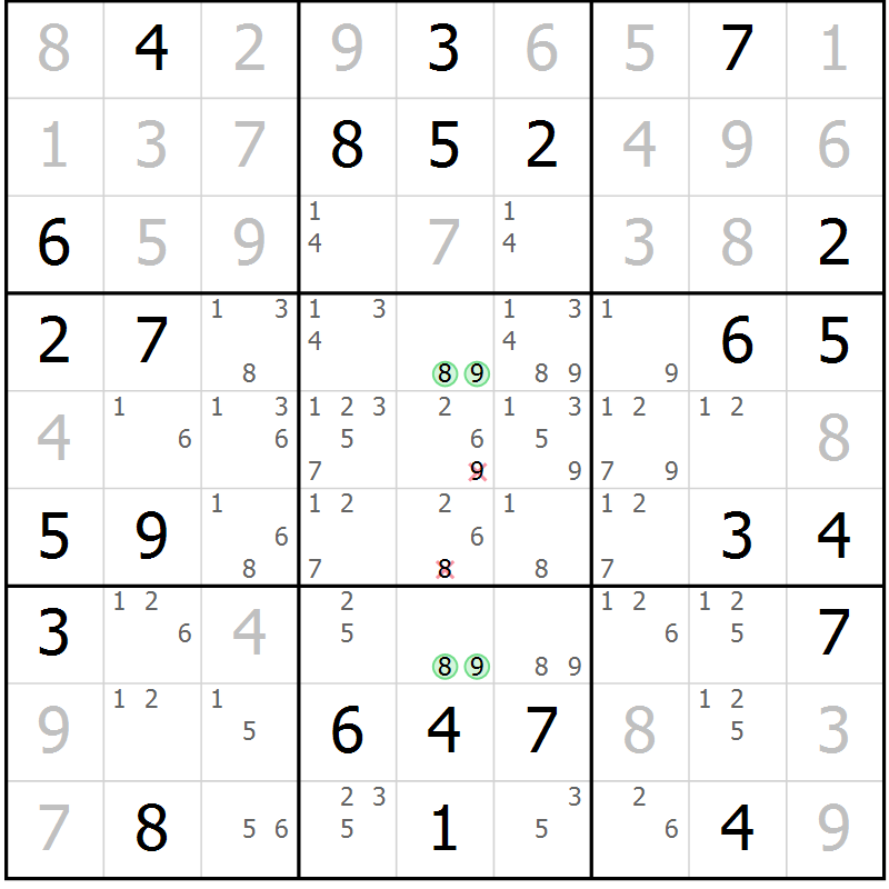 Position des candidats pour la solution de la Gr 52 page 55 du magazine de sudoku Virtuose n° 122