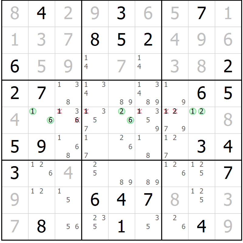 Position des candidats pour la solution de la Gr 52 page 55 du magazine de sudoku Virtuose n° 122