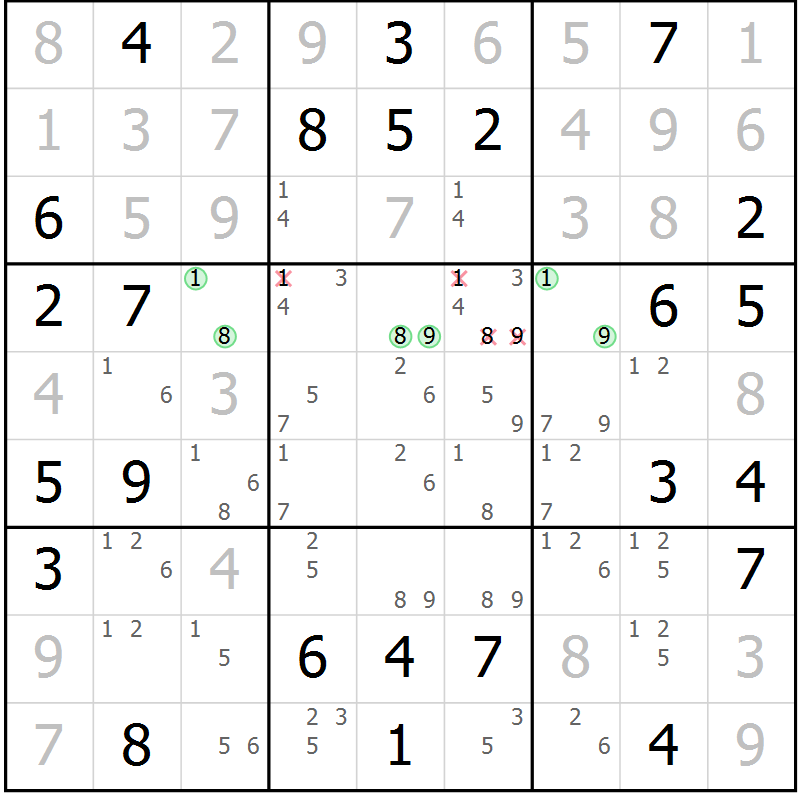 Position des candidats pour la solution de la Gr 52 page 55 du magazine de sudoku Virtuose n° 122