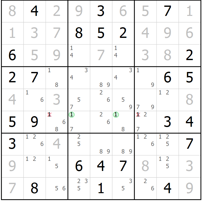Position des candidats pour la solution de la Gr 52 page 55 du magazine de sudoku Virtuose n° 122