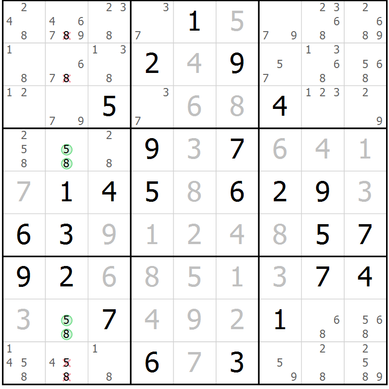Position des candidats pour la solution de la Gr 54 page 57 du magazine de sudoku Virtuose n° 122