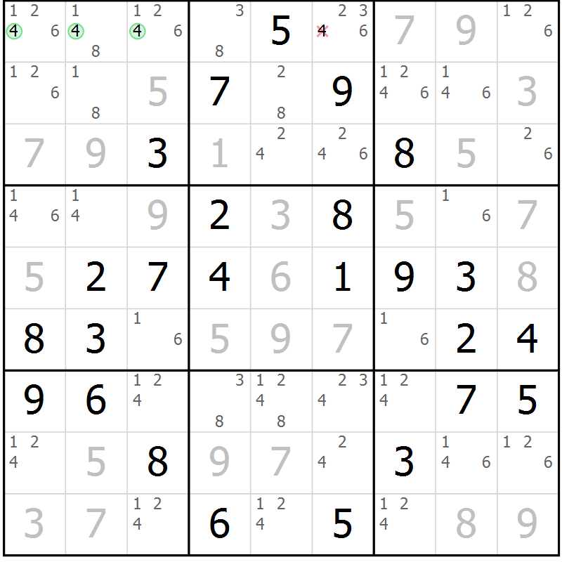 Position des candidats pour la solution de la Gr 55 page 58 du magazine de sudoku Virtuose n° 122