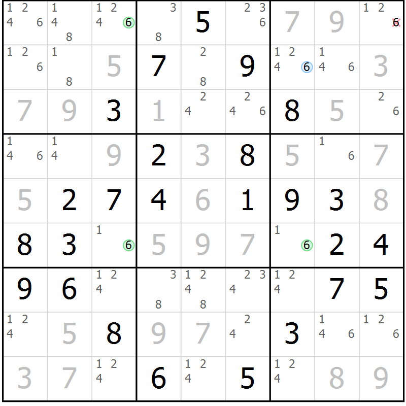 Position des candidats pour la solution de la Gr 55 page 58 du magazine de sudoku Virtuose n° 122