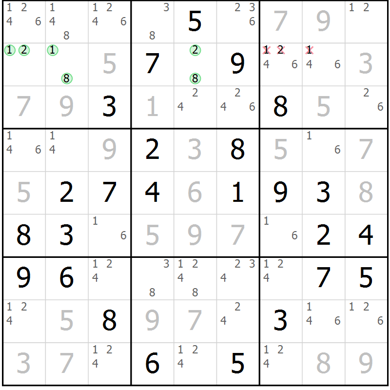 Position des candidats pour la solution de la Gr 55 page 58 du magazine de sudoku Virtuose n° 122