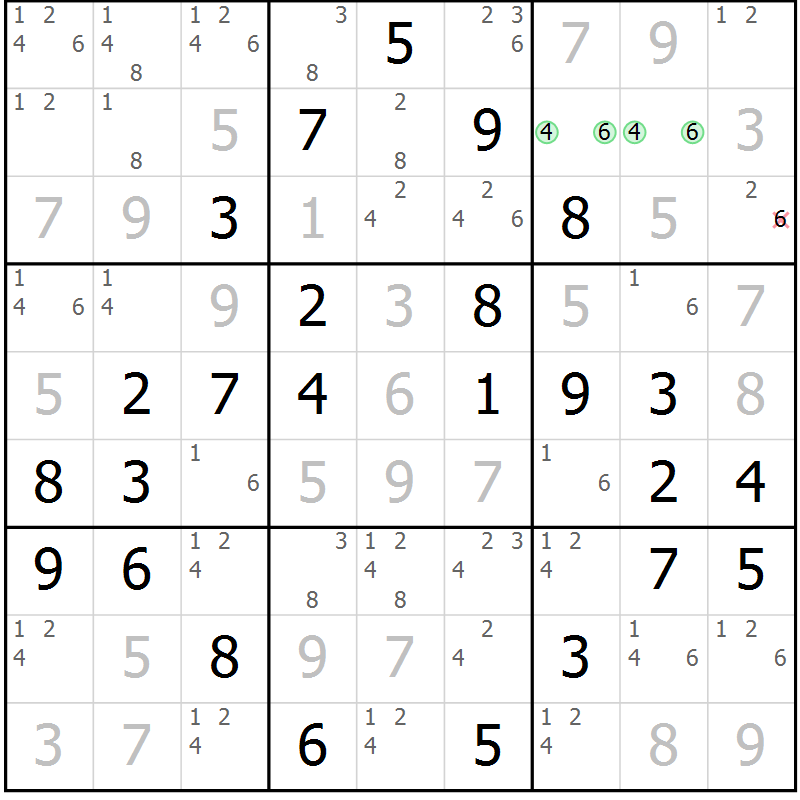 Position des candidats pour la solution de la Gr 55 page 58 du magazine de sudoku Virtuose n° 122
