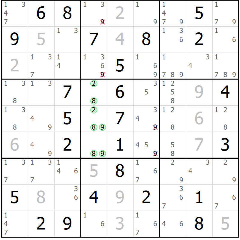 Position des candidats pour la solution de la Gr 56 page 59 du magazine de sudoku Virtuose n° 122