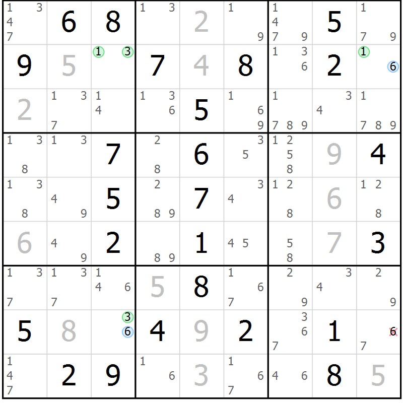 Position des candidats pour la solution de la Gr 56 page 59 du magazine de sudoku Virtuose n° 122