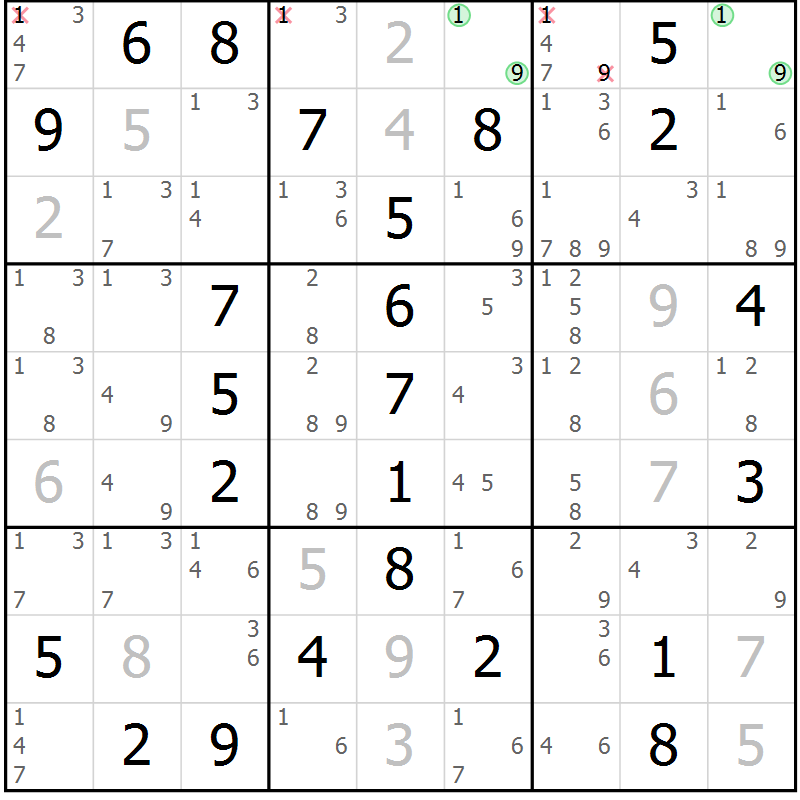 Position des candidats pour la solution de la Gr 56 page 59 du magazine de sudoku Virtuose n° 122