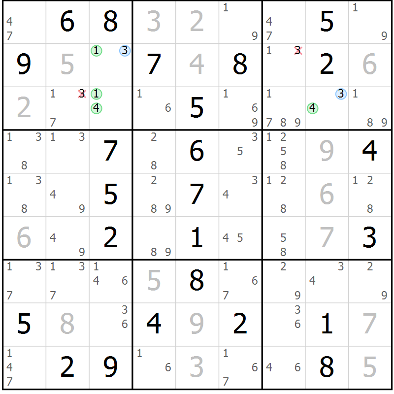 Position des candidats pour la solution de la Gr 56 page 59 du magazine de sudoku Virtuose n° 122