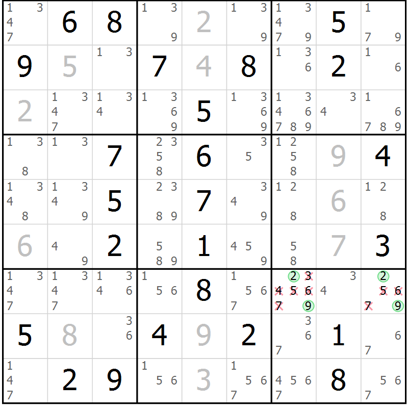 Position des candidats pour la solution de la Gr 56 page 59 du magazine de sudoku Virtuose n° 122